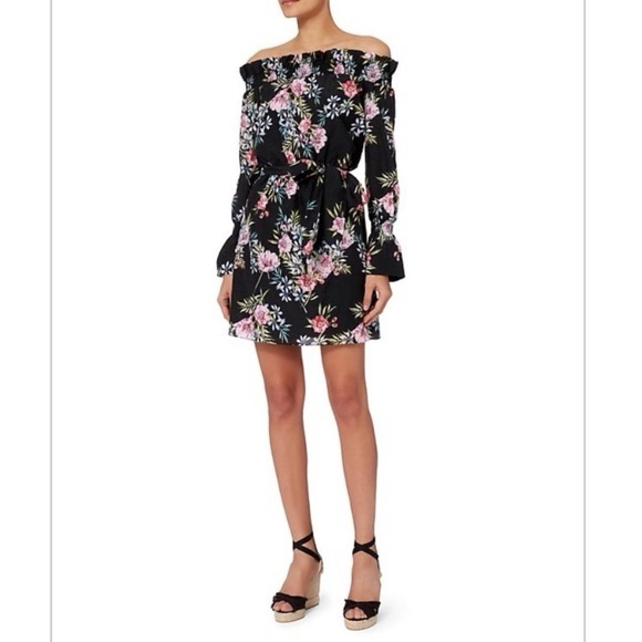 INTERMIX Dresses & Skirts - Intermix Black Floral Print Off the Shoulder Belted Mini Dress size Small